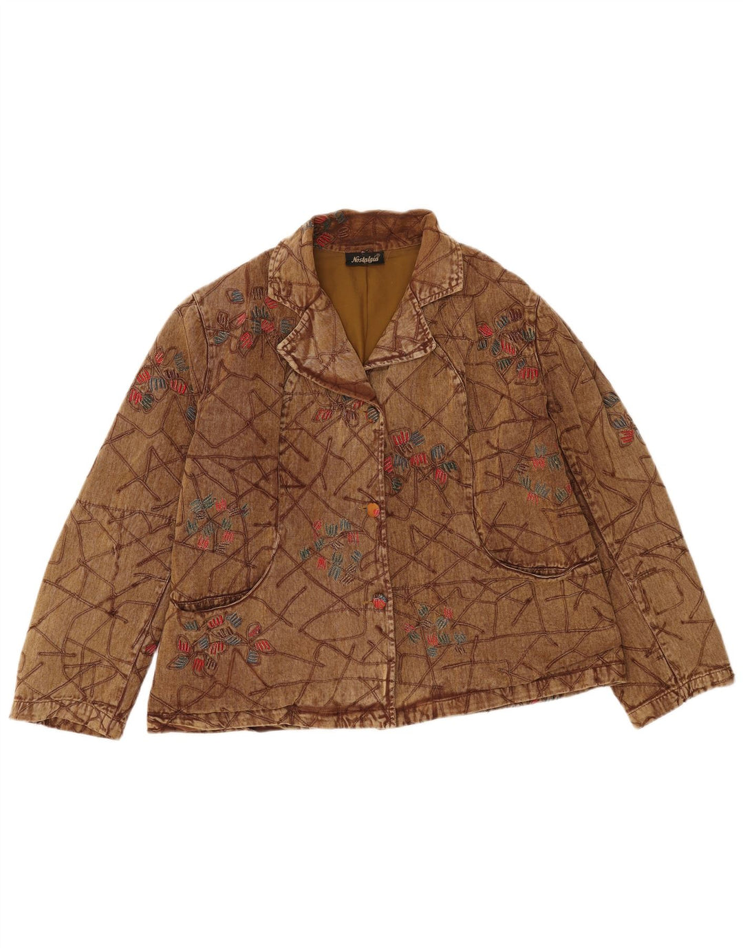 Vintage Womens Bomber Jacket UK 16 Large Brown Floral Cotton