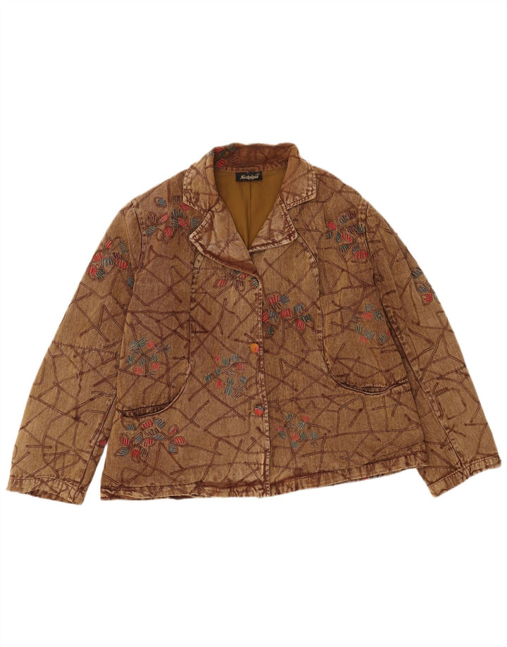 Vintage Womens Bomber Jacket UK 16 Large Brown Floral Cotton
