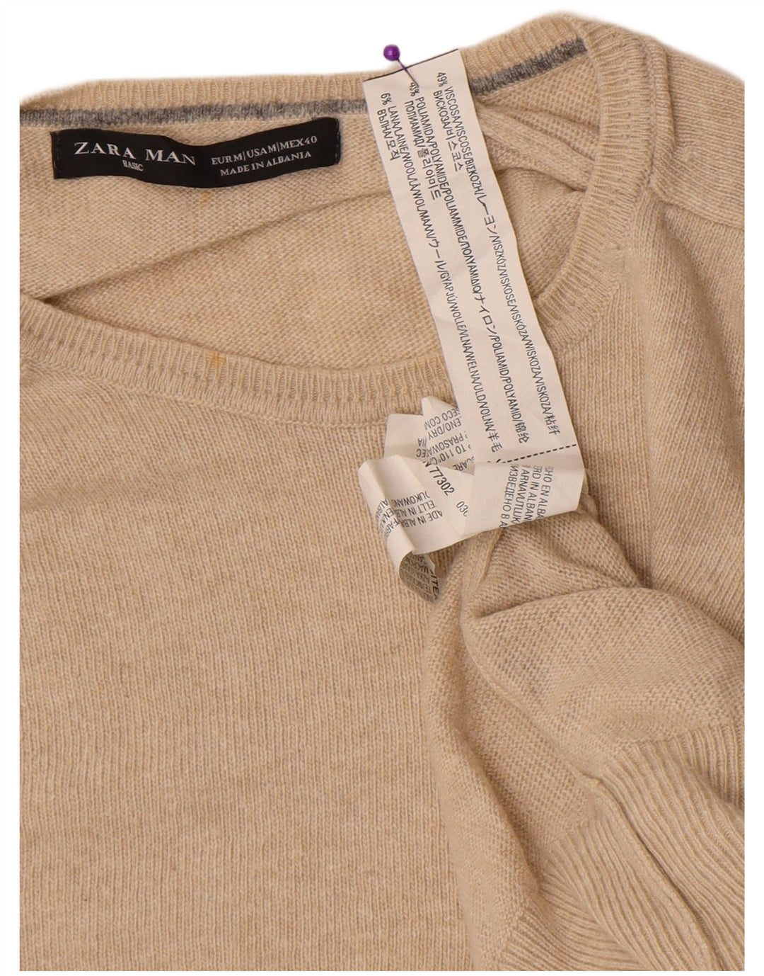 Zara Mens Crew Neck Jumper Sweater Medium Beige Viscose