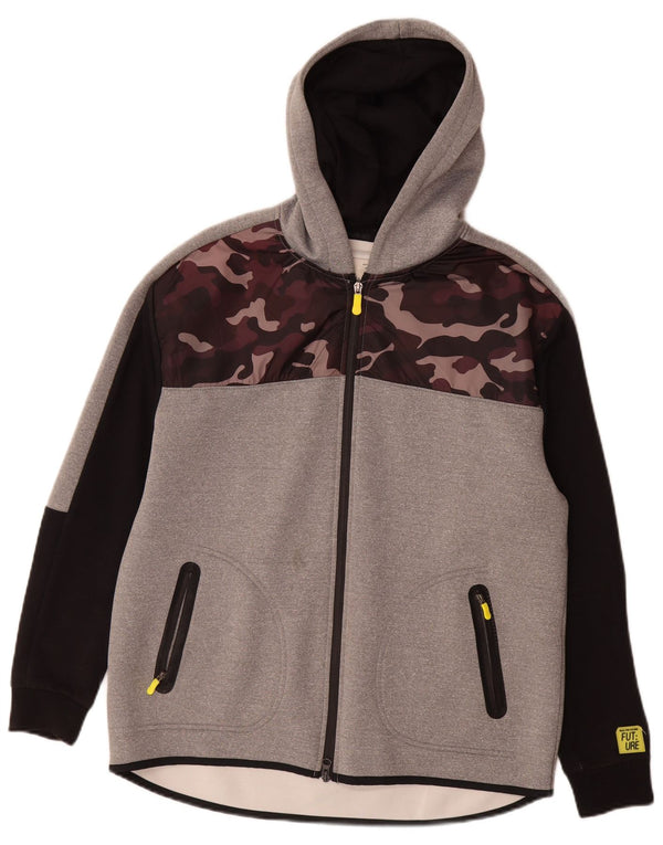 Zara Boys Graphic Zip Hoodie Sweater 13-14 Years Grey Camouflage Polyester