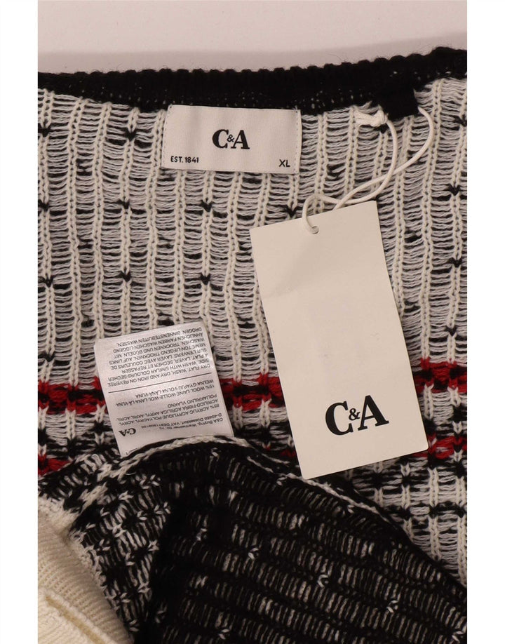 C&A Mens Roll Neck Jumper Sweater XL White Fair Isle Acrylic
