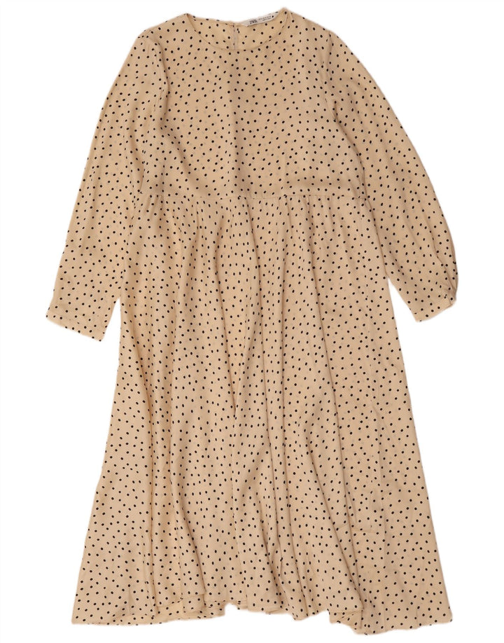 Zara Womens Long Sleeve Maxi Dress UK 14 Medium Beige Polka Dot Polyester
