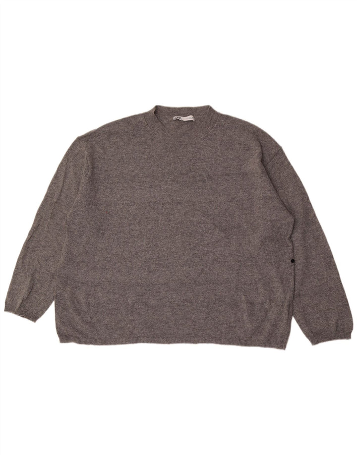 Zara Womens Oversized Crew Neck Jumper Sweater UK 16 Large Grey Wool