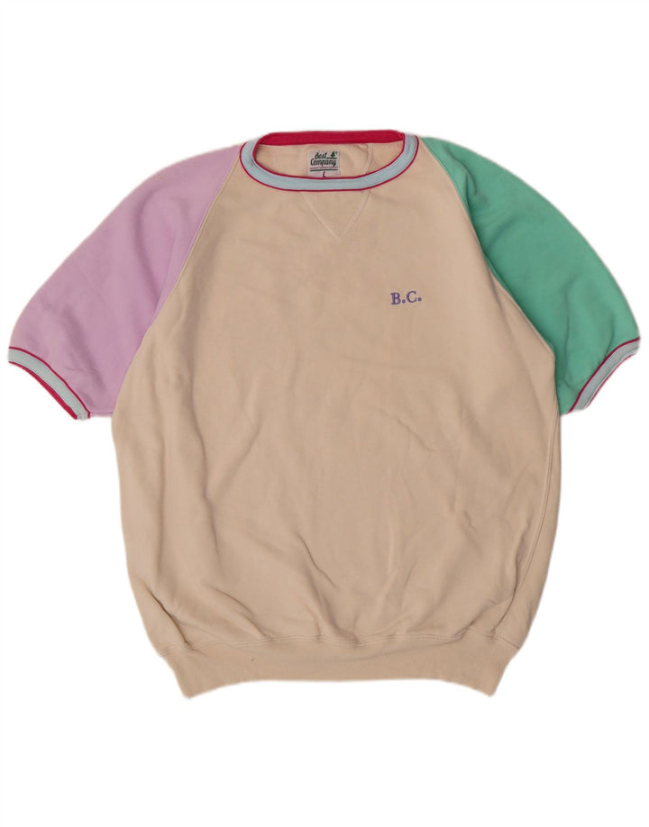 Best Company Mens Graphic Short Sleeve Sweatshirt Jumper Large Beige Cotton