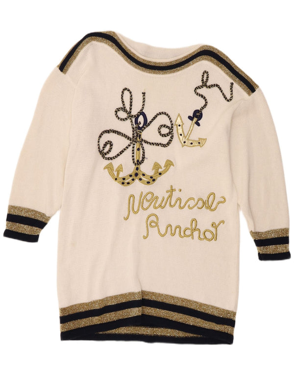 Vintage Womens Graphic Boat Neck Jumper Sweater UK 16 Large White Nautical
