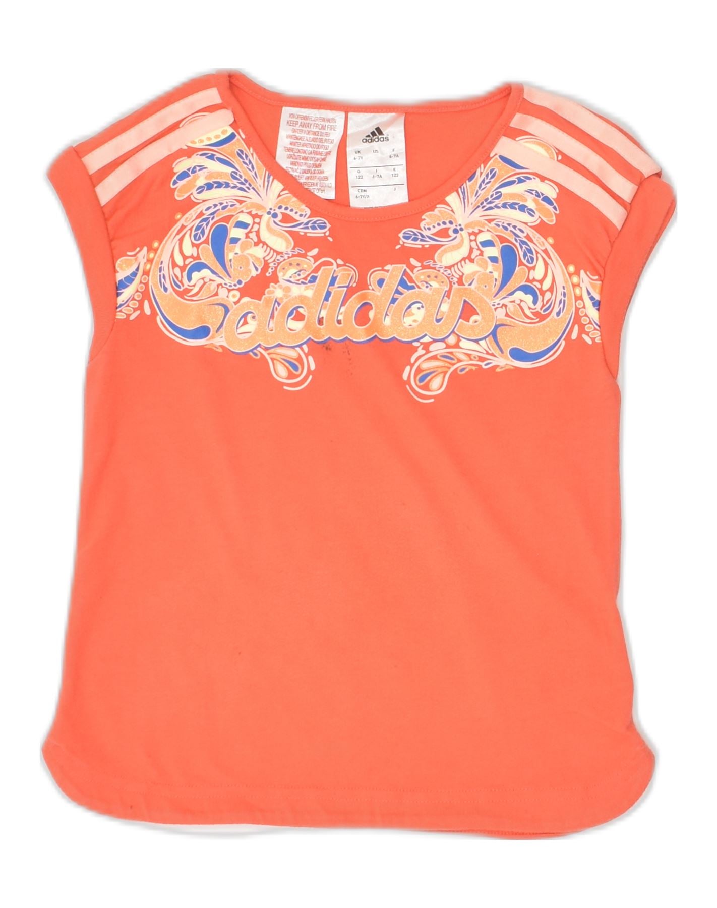 ADIDAS Girls Graphic T-Shirt Top 6-7 Years Orange Cotton Vintage