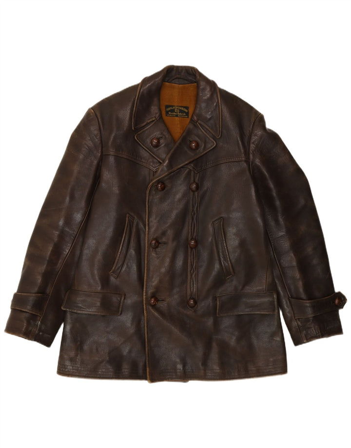 Vintage Mens Double Breasted Leather Jacket UK 36 Small Brown
