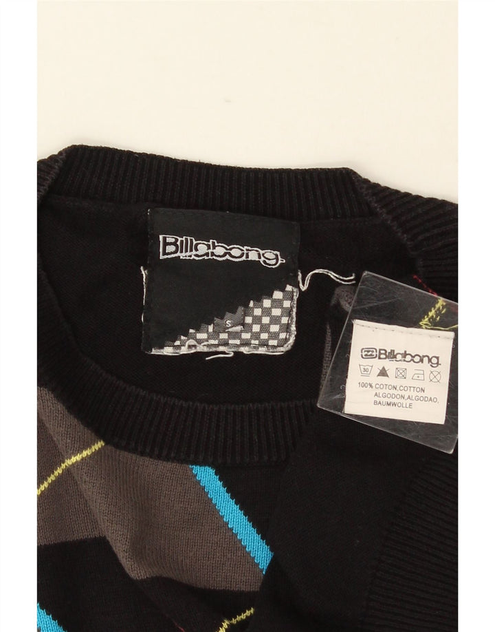 BILLABONG Mens Crew Neck Jumper Sweater Small Black Argyle/Diamond Cotton