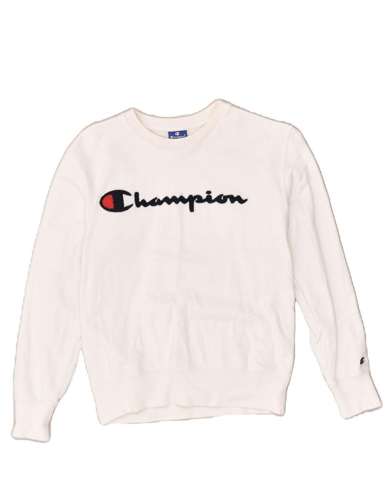 CHAMPION Mens Graphic Sweatshirt Jumper Small White Cotton | Vintage Champion | Thrift | Second-Hand Champion | Used Clothing | Messina Hembry 