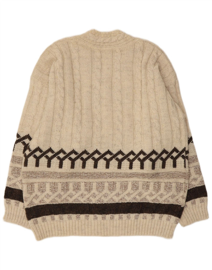 Vintage Mens V-Neck Jumper Sweater Medium Beige Fair Isle Acrylic