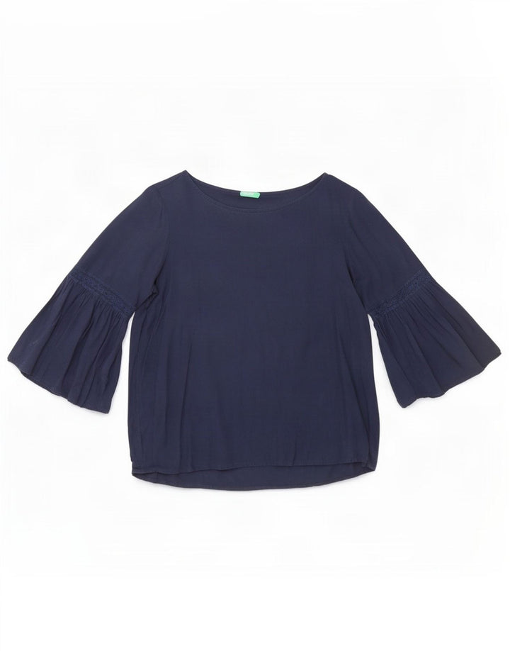 Benetton Womens 3/4 Sleeve Blouse Top UK 12 Medium Navy Blue Viscose