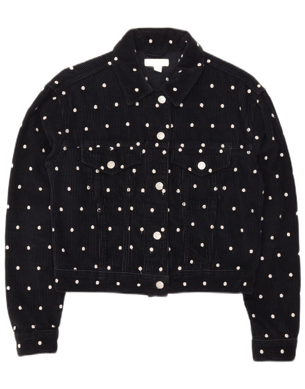 Topshop Womens Crop Corduroy Jacket UK 6 XS Navy Blue Polka Dot Cotton