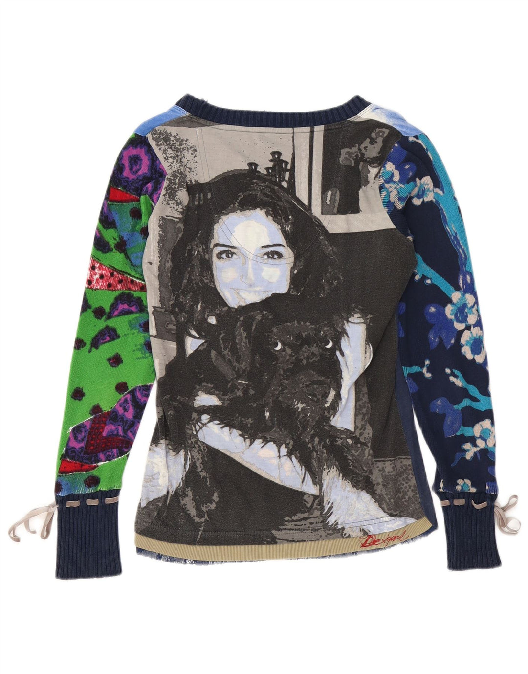 DESIGUAL Womens Graphic Top Long Sleeve UK 14 Medium Navy Blue Floral