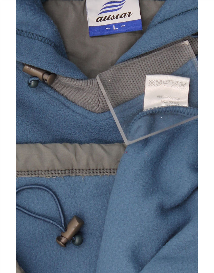 VINTAGE Mens Fleece Graphic Hoodie Jumper Large Blue Polyester