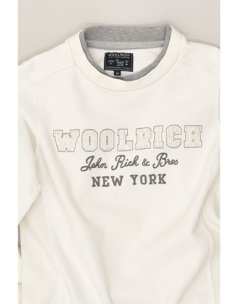 WOOLRICH Boys Graphic Sweatshirt Jumper 9-10 Years White Cotton | Vintage Woolrich | Thrift | Second-Hand Woolrich | Used Clothing | Messina Hembry 