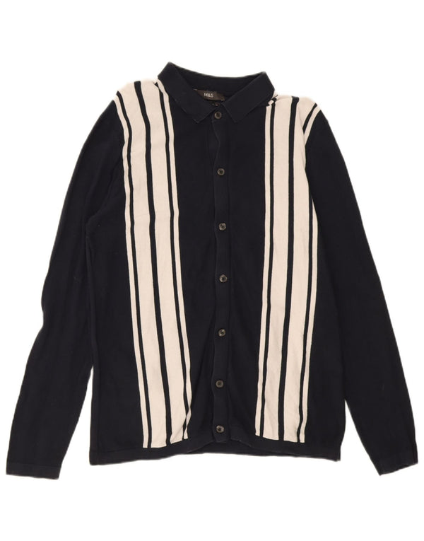 Marks & Spencer Mens Cardigan Sweater Medium Navy Blue Striped Cotton