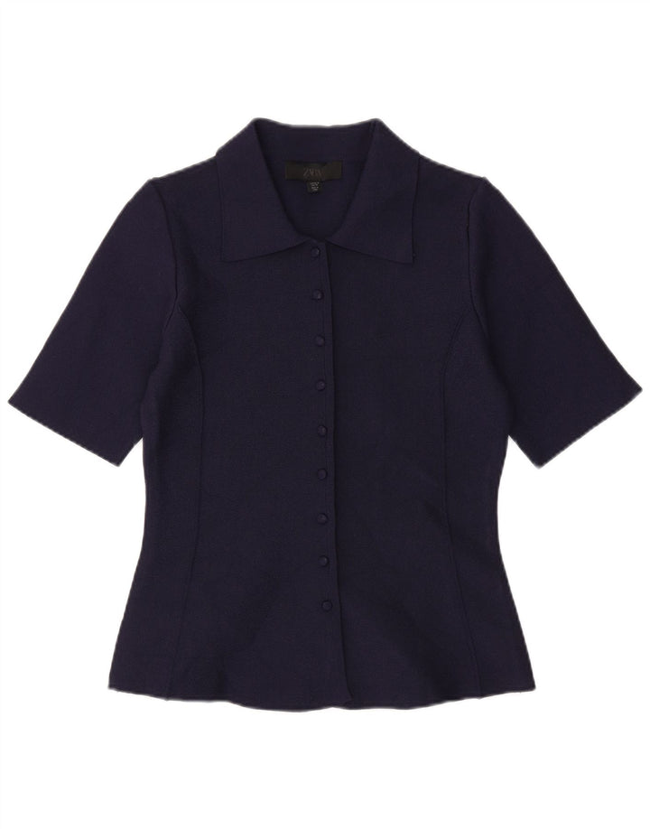 ZARA Womens Short Sleeve Shirt Blouse UK 12 Medium Navy Blue Polyester