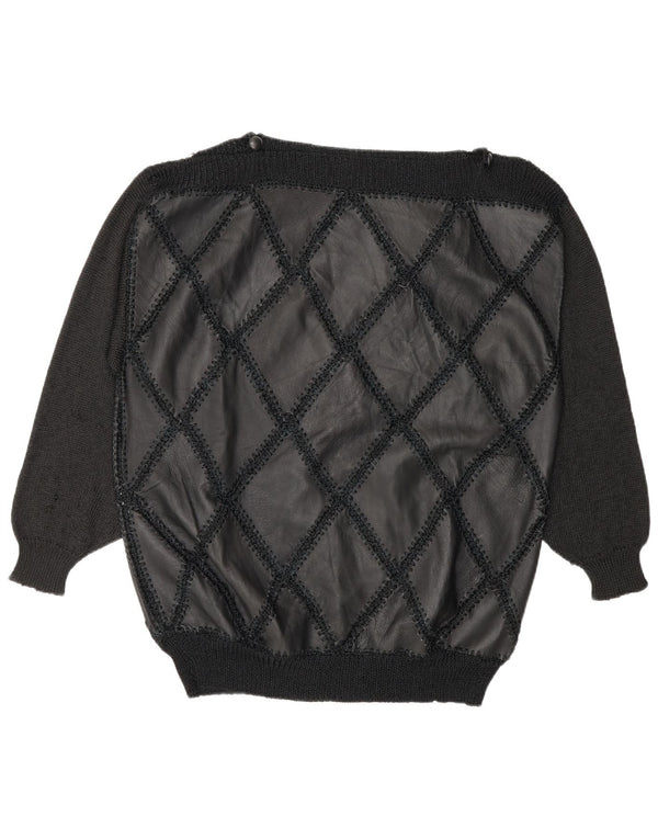 Vintage Womens Boat Neck Jumper Sweater UK 16 Large Black Leather