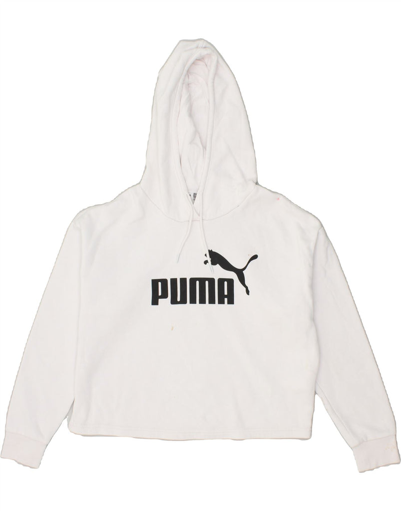 PUMA Womens Graphic Hoodie Jumper UK 6 XS White Cotton | Vintage Puma | Thrift | Second-Hand Puma | Used Clothing | Messina Hembry 
