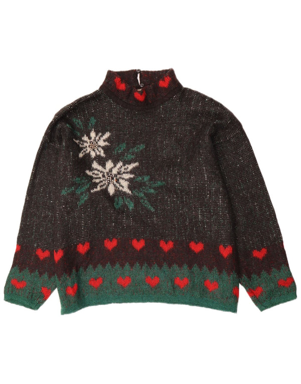 Vintage Womens Graphic Turtle Neck Jumper Sweater UK 16 Large Brown Floral