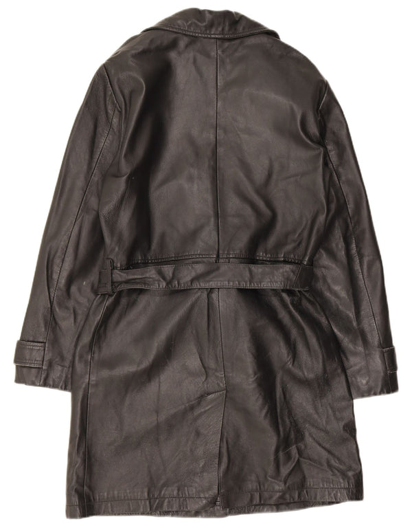 Stefanel Womens Double Breasted Leather Coat UK 14 Medium Black Leather