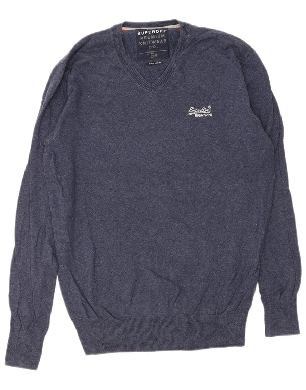 Superdry Mens V-Neck Jumper Sweater Medium Navy Blue Cotton