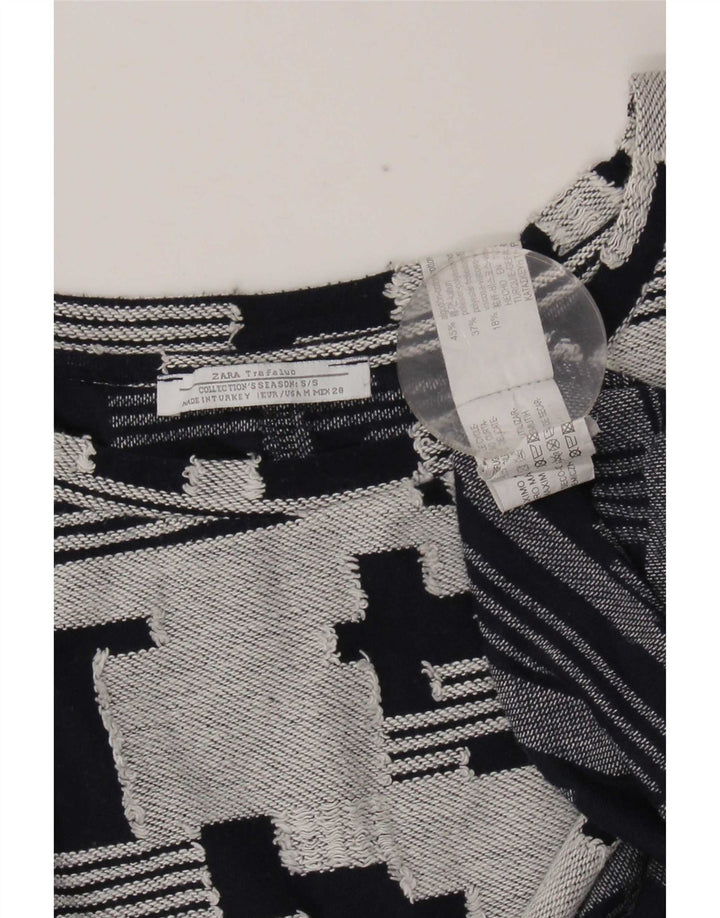 Zara Womens Top 3/4 Sleeve UK 14 Medium Navy Blue Geometric Cotton