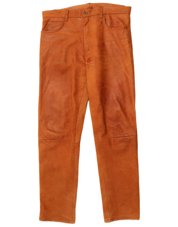 Vintage Mens Straight Leather Trousers W36 L33 Brown Leather