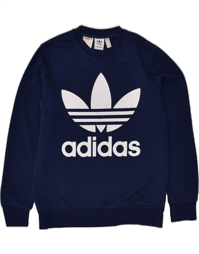 ADIDAS Boys Graphic Sweatshirt Jumper 13-14 Years Navy Blue Cotton | Vintage Adidas | Thrift | Second-Hand Adidas | Used Clothing | Messina Hembry 