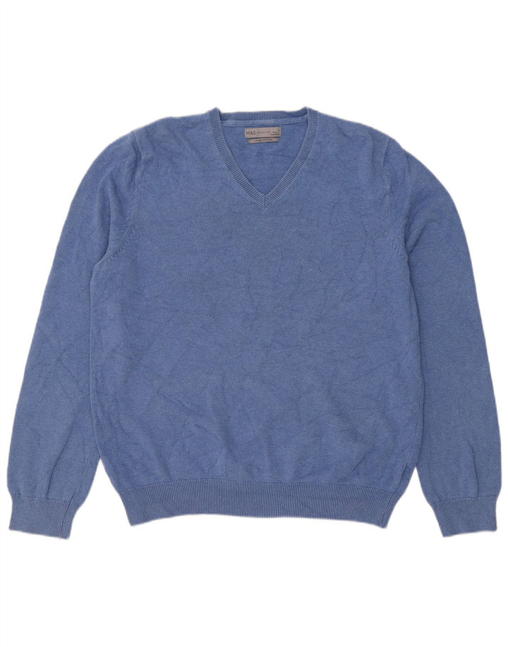 Marks & Spencer Mens V-Neck Jumper Sweater Large Blue Cotton