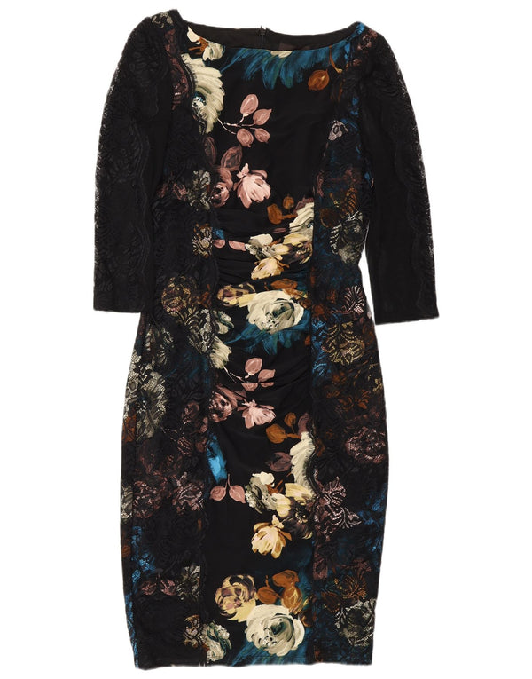 Phase Eight Womens 3/4 Sleeve Sheath Dress UK 8 Small Black Floral