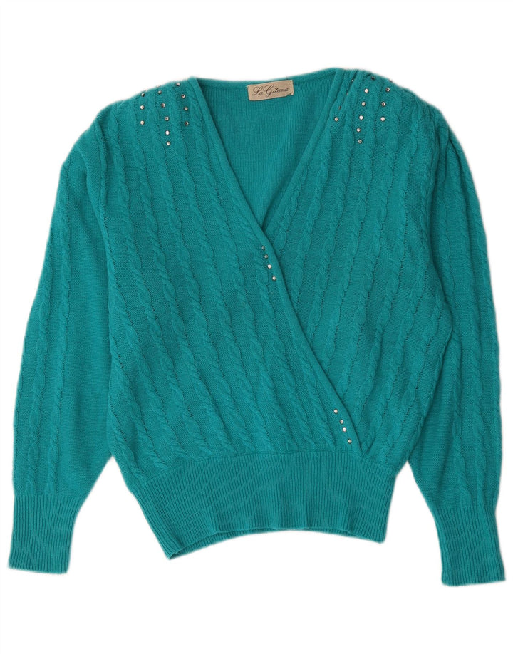 Vintage Womens V-Neck Jumper Sweater UK 14 Large Blue Wool