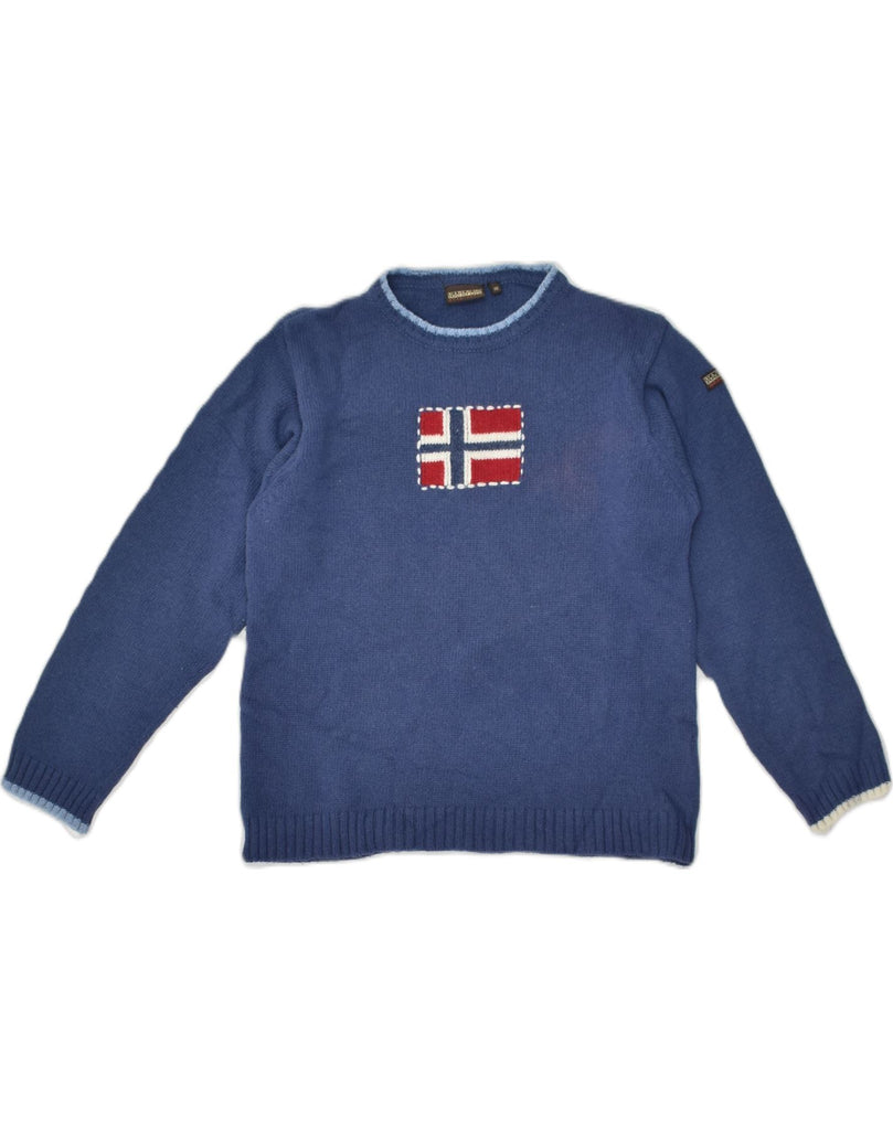 NAPAPIJRI Boys Graphic Crew Neck Jumper Sweater 9-10 Years Blue Wool | Vintage Napapijri | Thrift | Second-Hand Napapijri | Used Clothing | Messina Hembry 