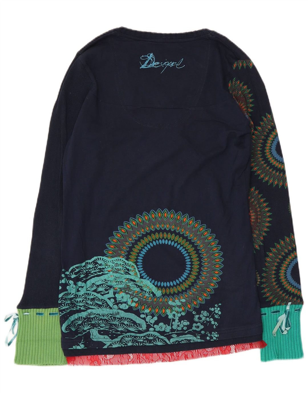 Desigual Womens Graphic Top Long Sleeve UK 12 Medium Navy Blue Geometric