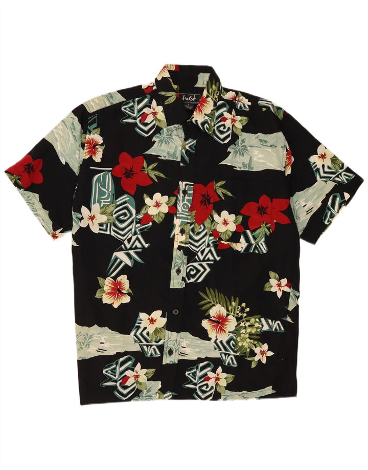 Vintage Mens Short Sleeve Shirt Small Black Floral Polyester Hawaiian