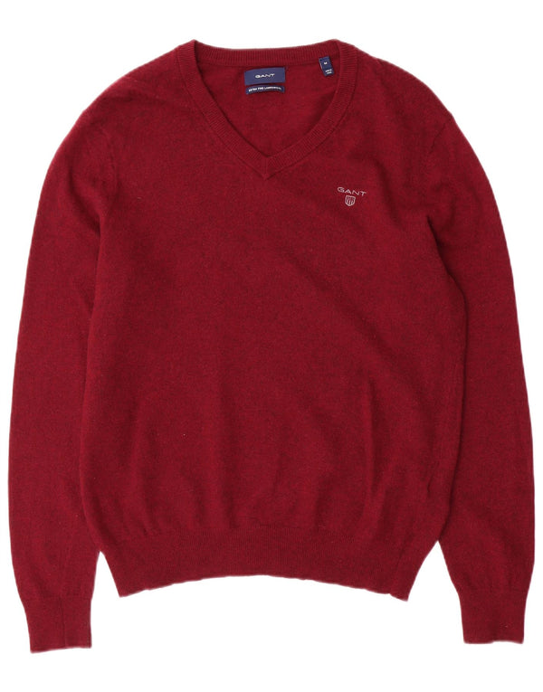 Gant Mens V-Neck Jumper Sweater Medium Burgundy Lambswool