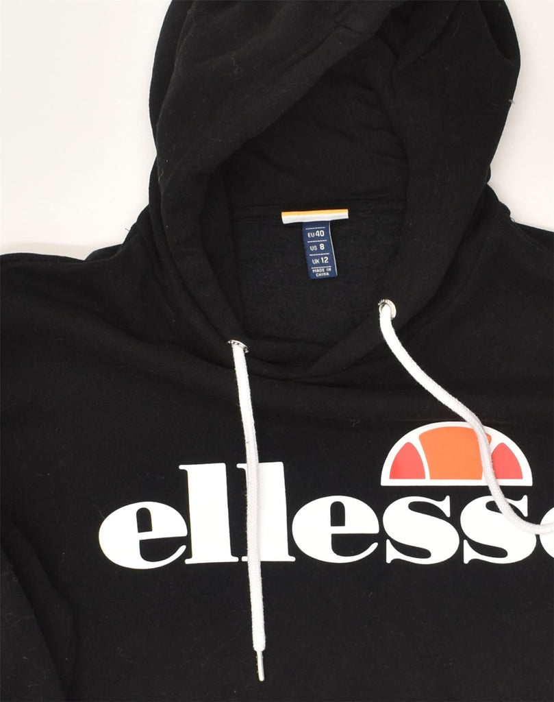 ELLESSE Womens Graphic Hoodie Jumper UK 12 Medium Black Cotton | Vintage Ellesse | Thrift | Second-Hand Ellesse | Used Clothing | Messina Hembry 
