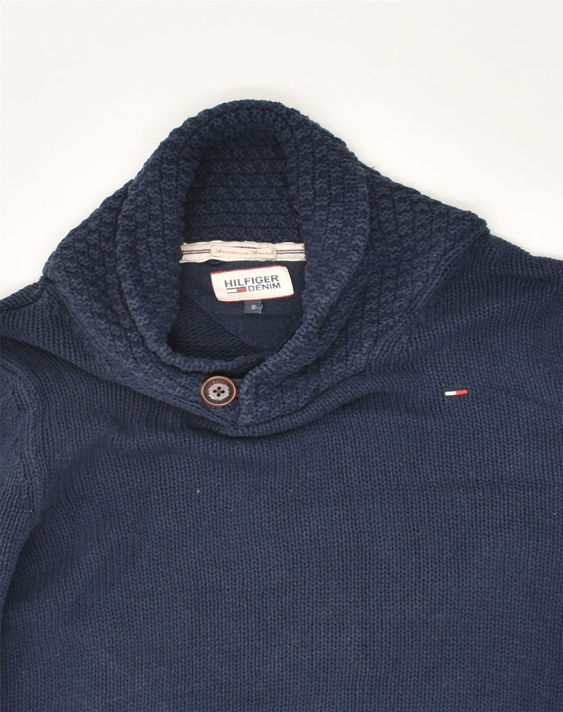 TOMMY HILFIGER Mens Shawl Neck Jumper Sweater Small Navy Blue Cotton | Vintage Tommy Hilfiger | Thrift | Second-Hand Tommy Hilfiger | Used Clothing | Messina Hembry 