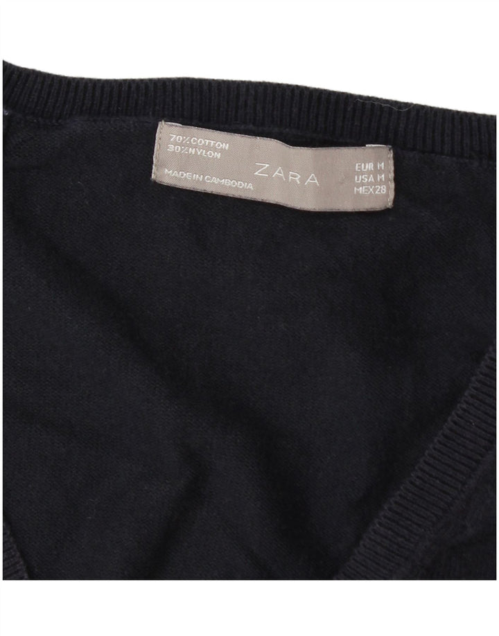 Zara Womens V-Neck Jumper Sweater UK 14 Medium Navy Blue Cotton