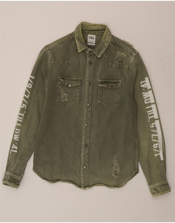 Zara Mens Graphic Distressed Denim Shirt Small Green Colourblock Cotton
