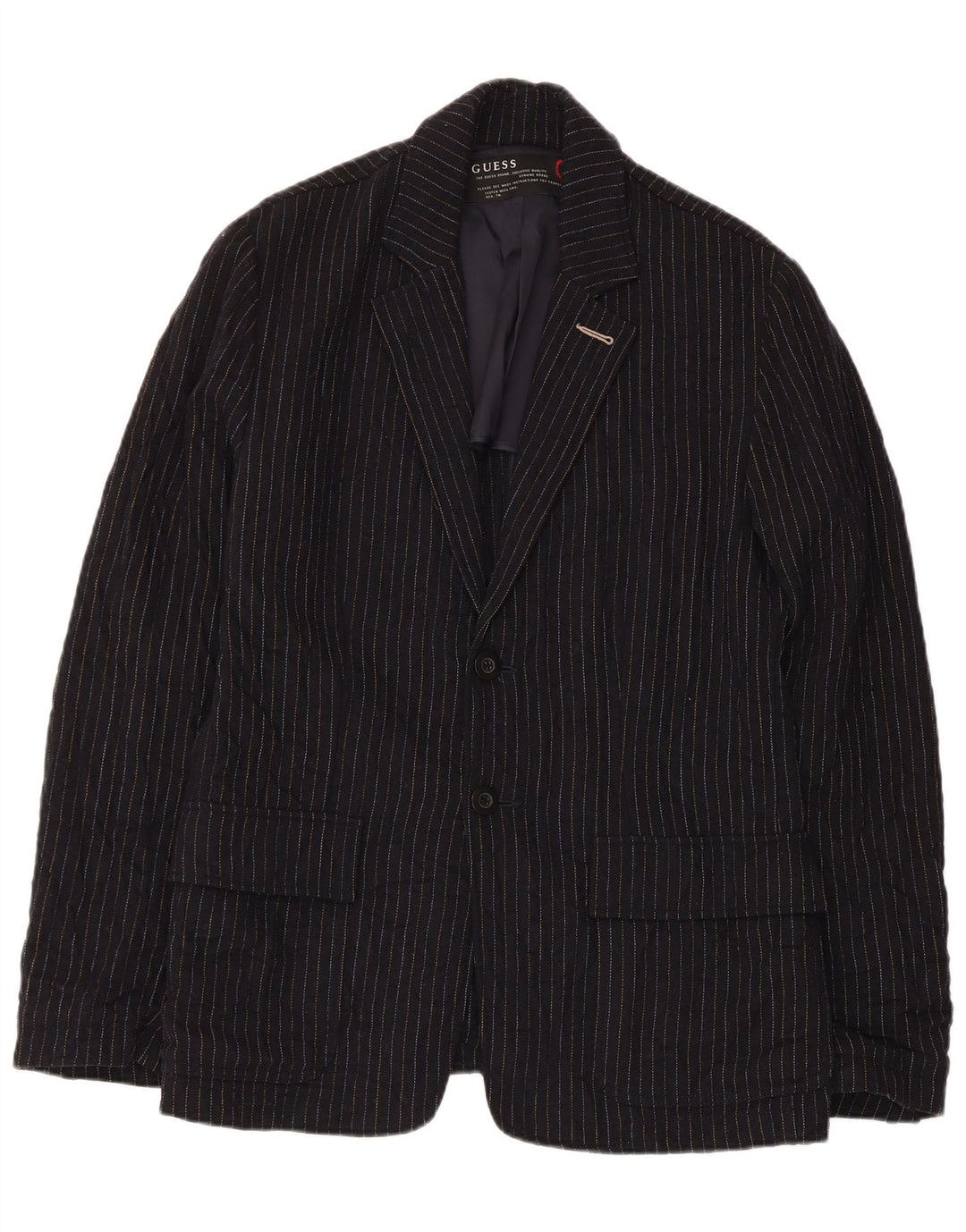 Guess Mens 2 Button Blazer Jacket UK 38 Medium Navy Blue Striped Wool