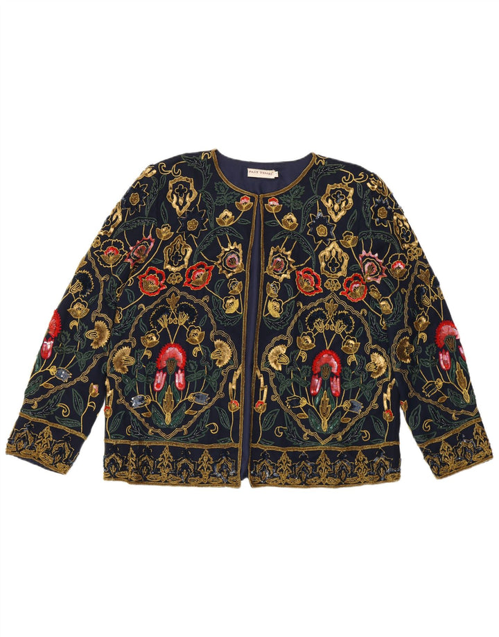 PAST TIME Womens Loose Fit Cardigan Top UK 10 Small Navy Blue Floral Silk