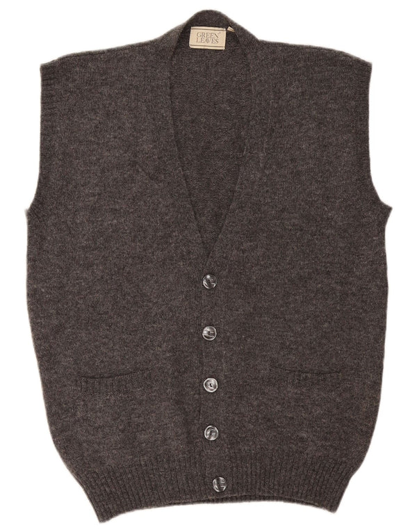 Green Leaves Mens Sleeveless Cardigan Sweater Medium Grey Wool