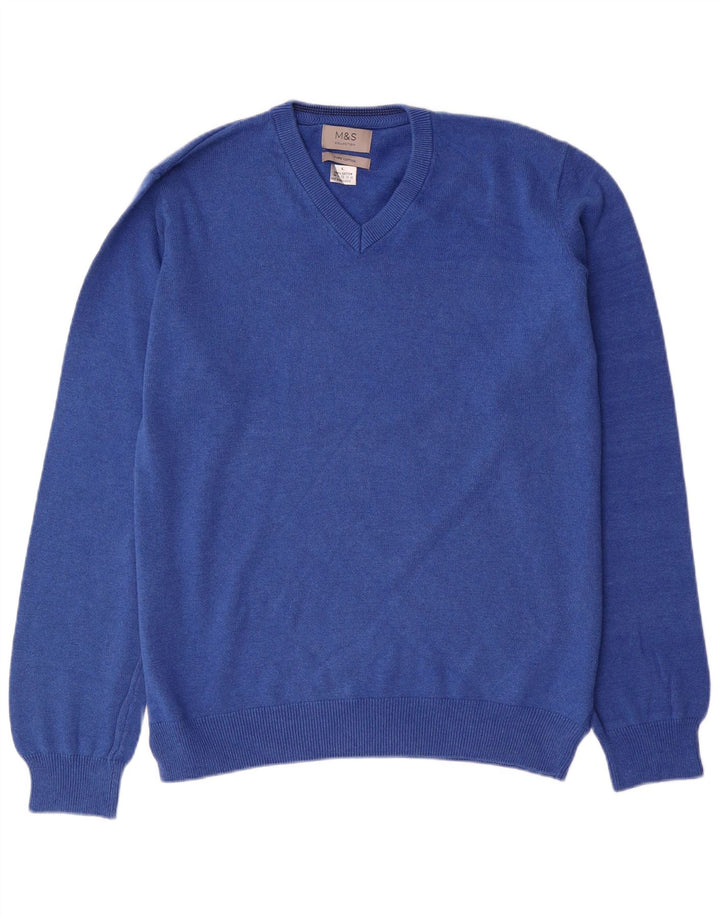 Marks & Spencer Mens V-Neck Jumper Sweater Large Blue Cotton