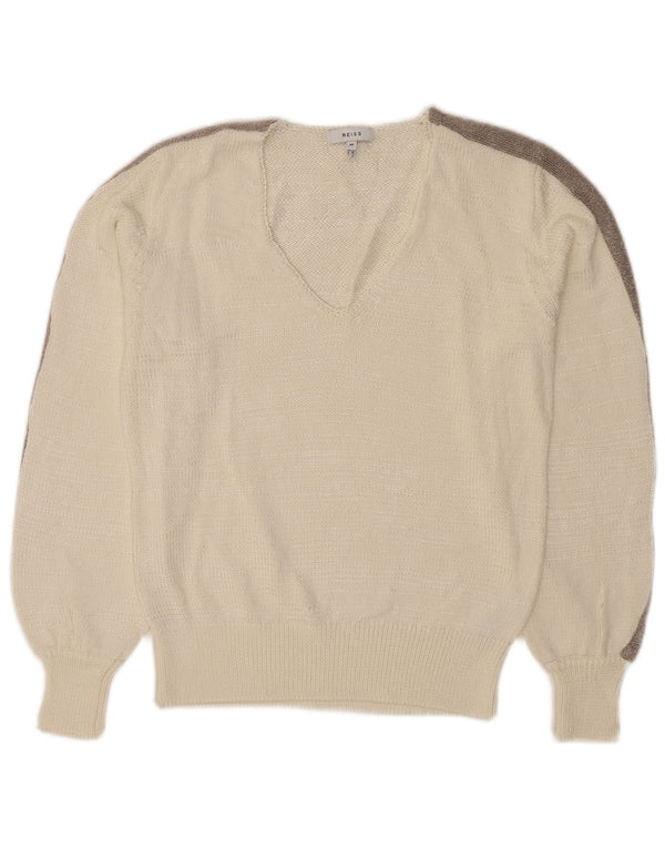 Reiss Womens V-Neck Jumper Sweater UK 12 Medium White Colourblock