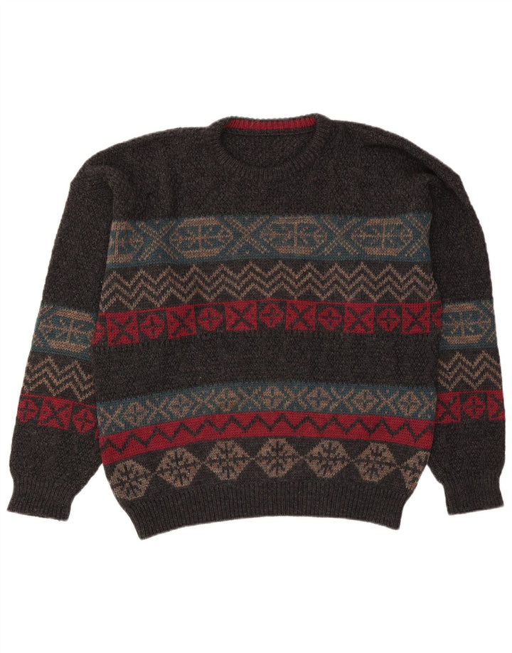 Vintage Mens Crew Neck Jumper Sweater XL Grey Fair Isle Wool