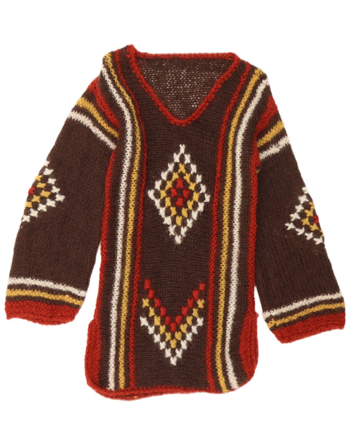 Vintage Womens V-Neck Jumper Sweater UK 12 Medium Brown Geometric Aztec