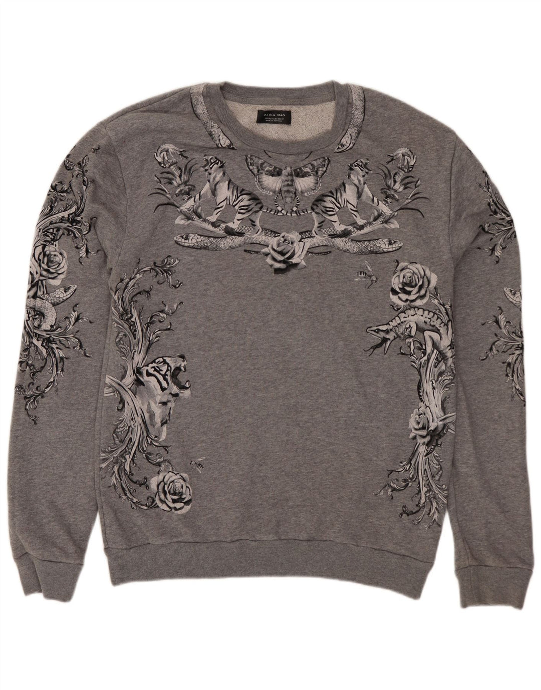 Zara Mens Graphic Sweatshirt Jumper Medium Grey Floral Cotton