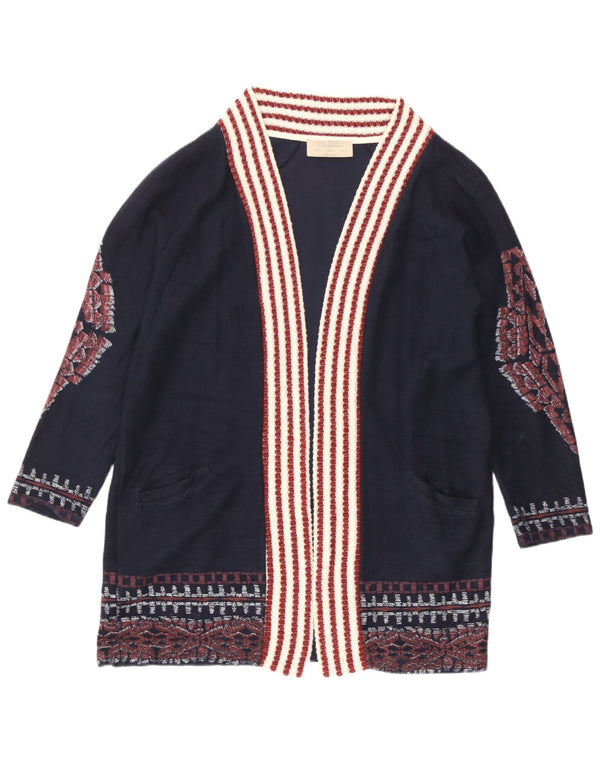Zara Womens Open Cardigan Sweater UK 14 Medium Navy Blue Striped Cotton