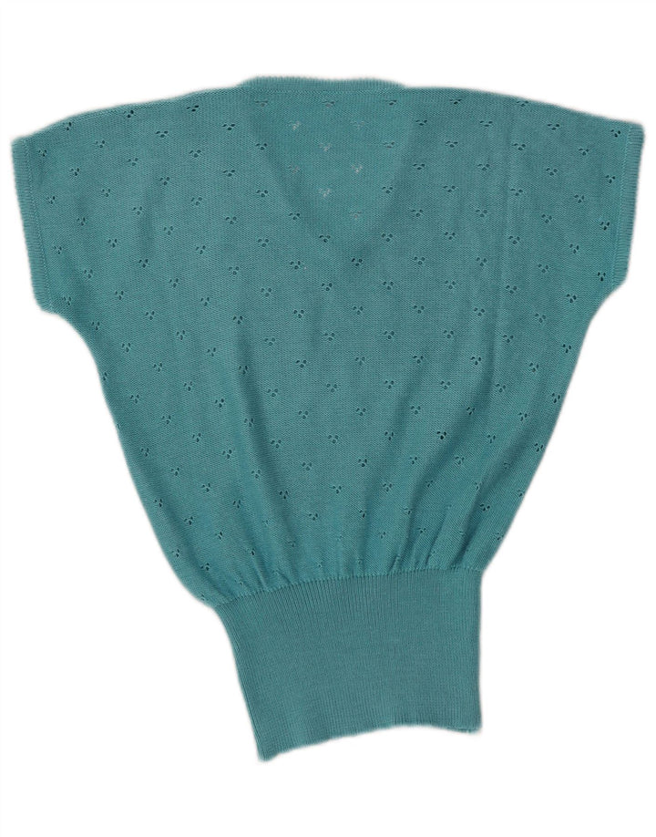 VINTAGE Womens Short Sleeve V-Neck Jumper Sweater UK 12 Medium Blue